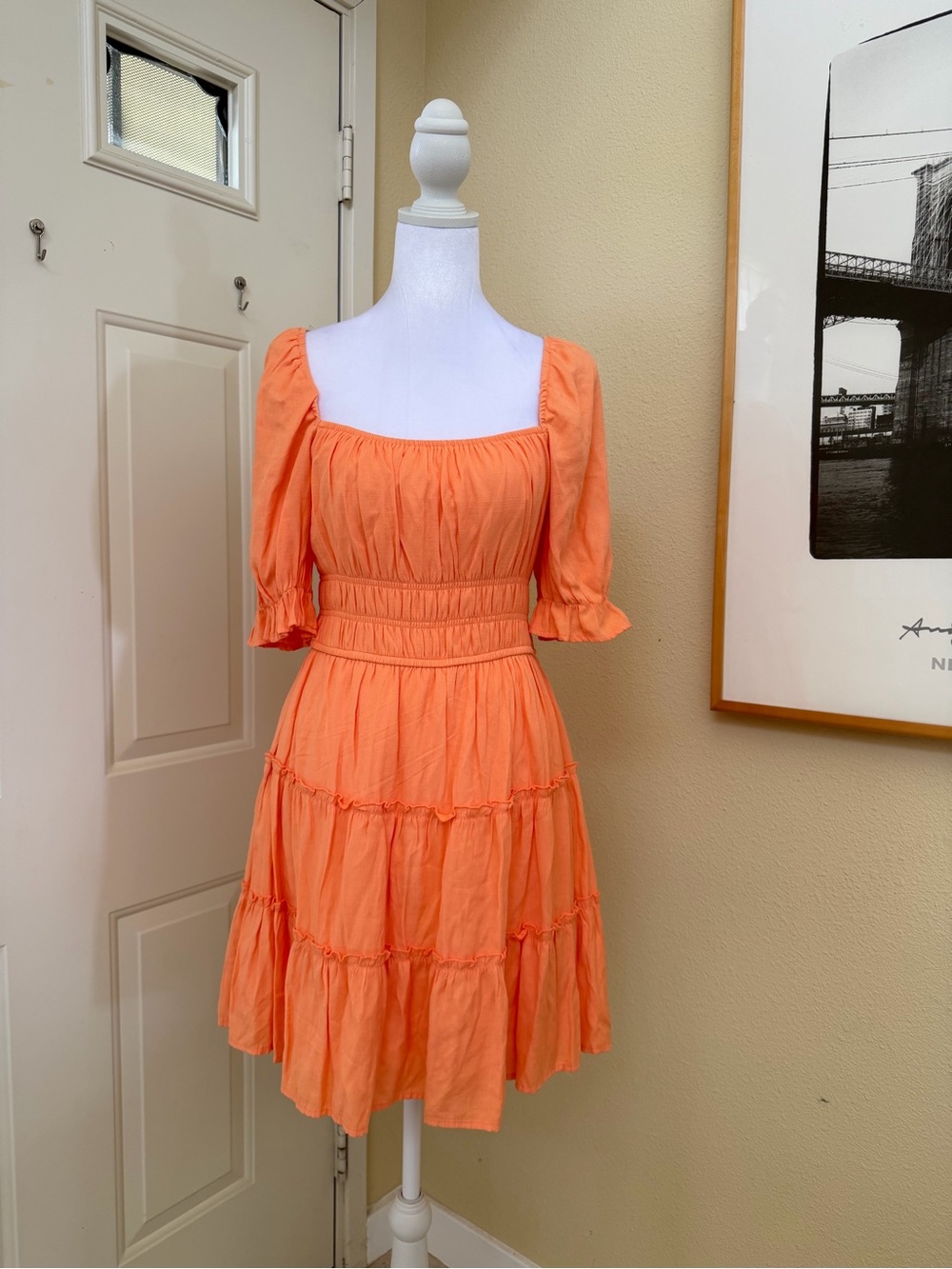Trixxi Women's Pastel Orange Square-Neck Smocked Tiered Dress Size Large